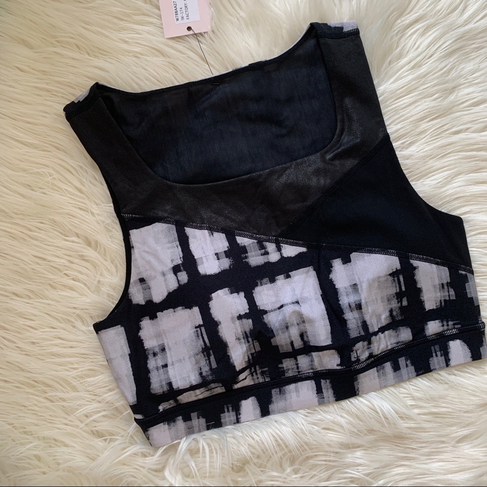 Black foil print and lace mesh sports bra